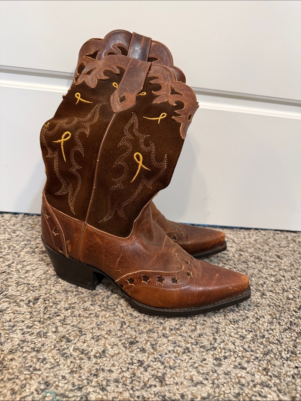 VTG SONORA Double H Womens Brown Cowboy Boots Star Cutouts Pegged Sole 6